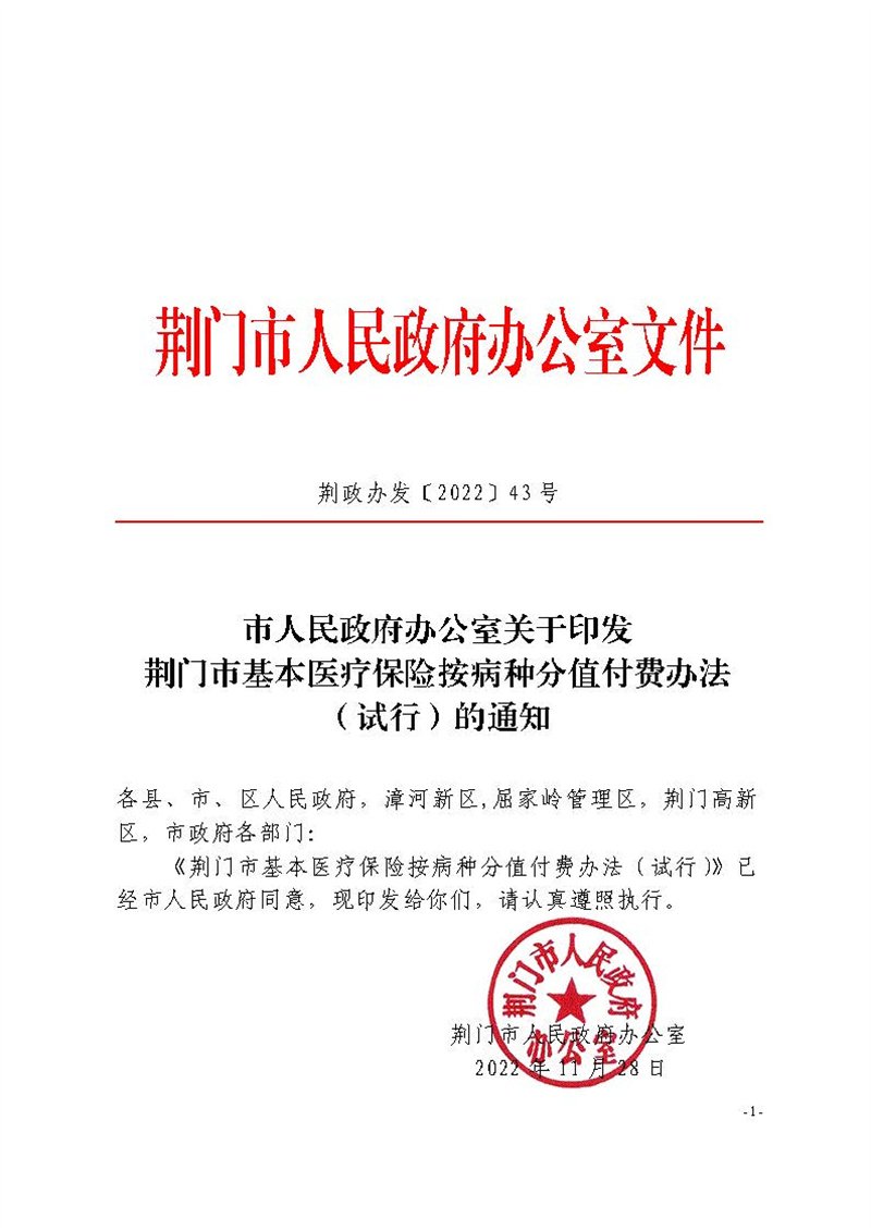 荆门市人民政府办公室关于印发荆门市基本医疗保险按病种分值付费办法(试行)的通知