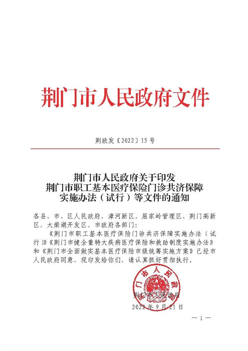 荆门市人民政府关于印发荆门市职工基本医疗保险门诊共济保障实施办法(试行)等文件的通知